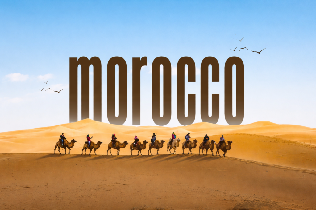 Morocco travel website hero banner with traditional Moroccan scenery, bold headline, and tours call-to-action button.”