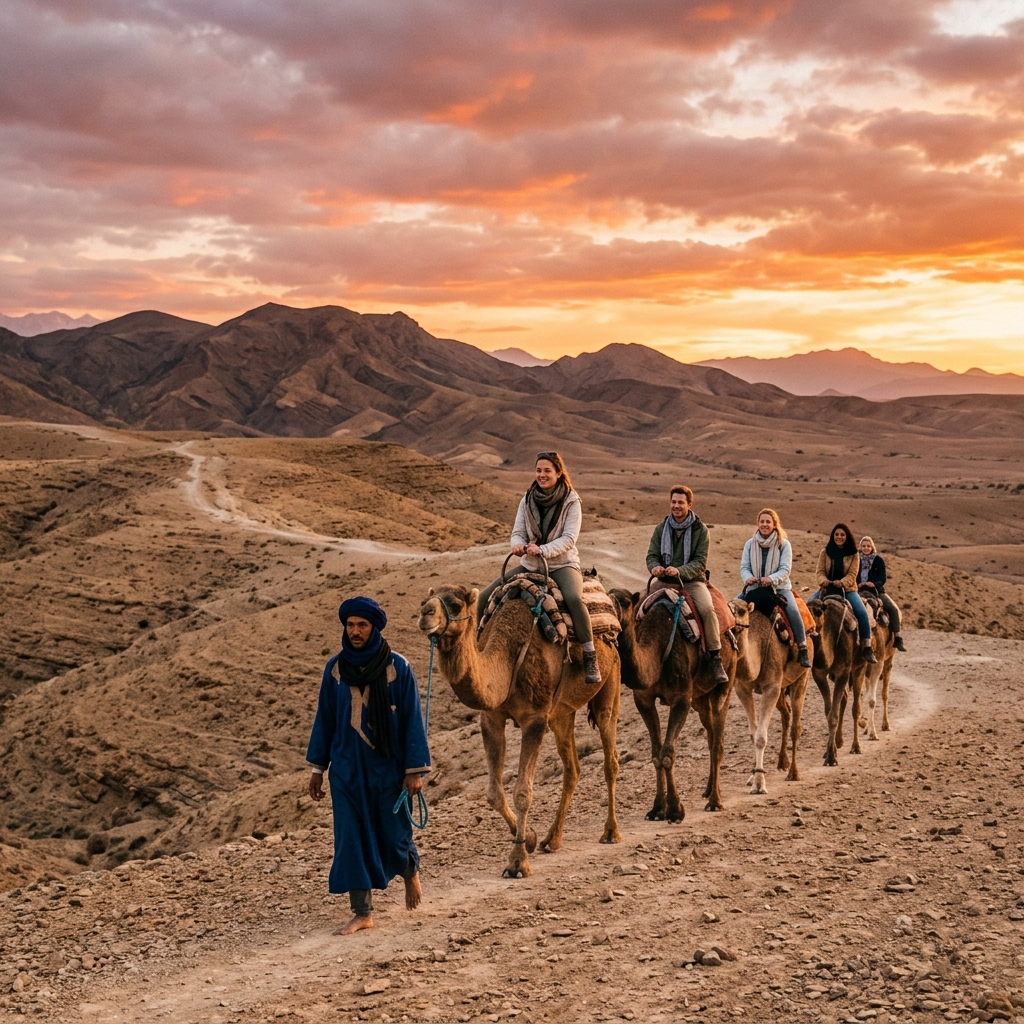 Travelers enjoying sunset camel trek in Agafay Desert Morocco