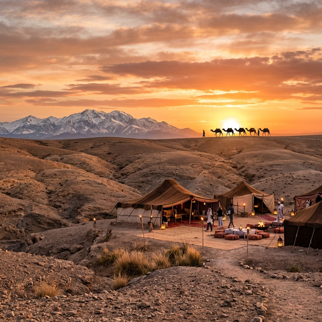 Agafay Desert sunset luxury camp and High Atlas mountains Marrakech