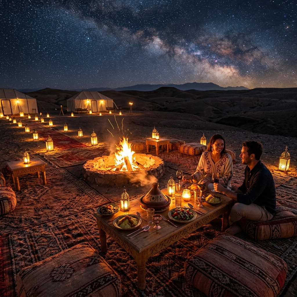 Luxury desert camp dinner setup under starry night skies in Agafay Desert