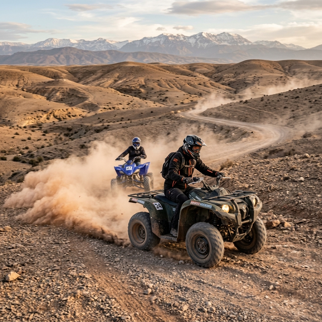 Quad biking off road across Agafay Desert stone dunes Morocco