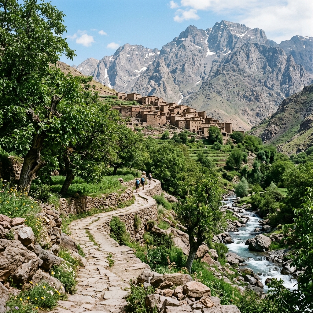 Scenic mountain hiking trail leading to Aroumd Berber village near Imlil