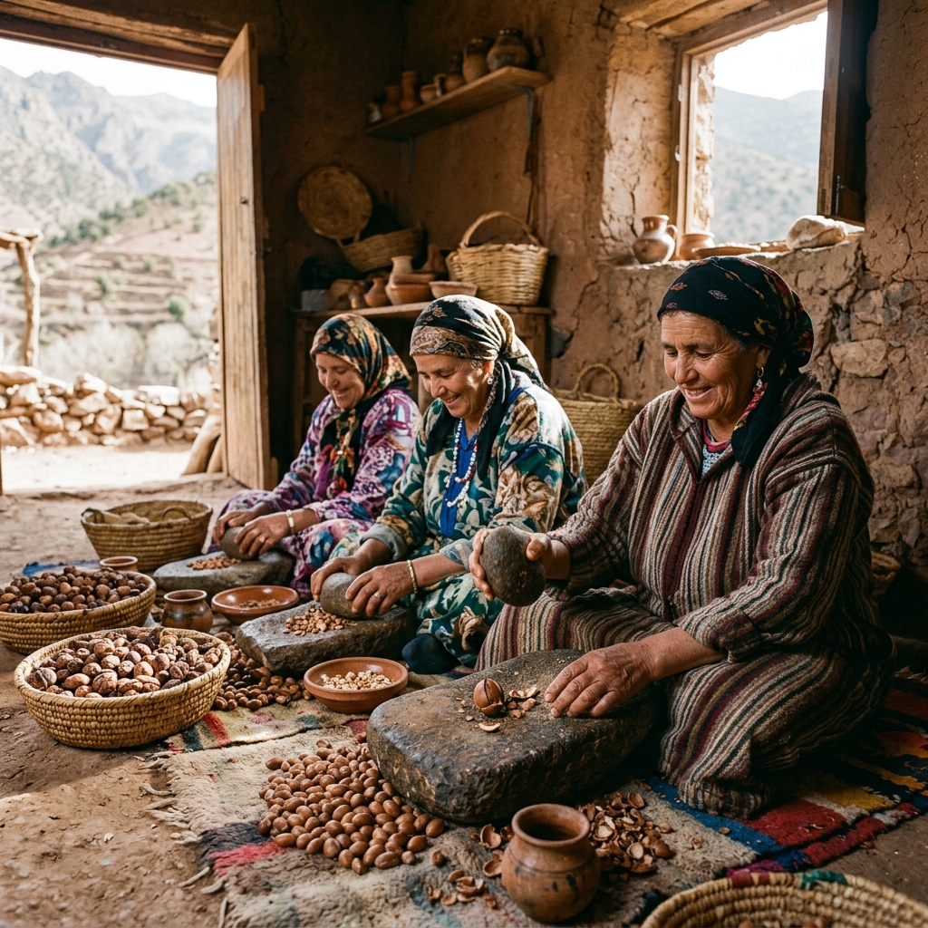 Berber women hand cracking argan nuts at organic cooperative in Ourika Valley