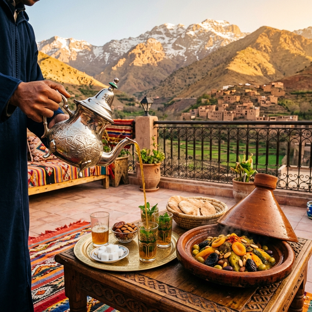 Moroccan mint tea and lamb tagine served on mountain village rooftop