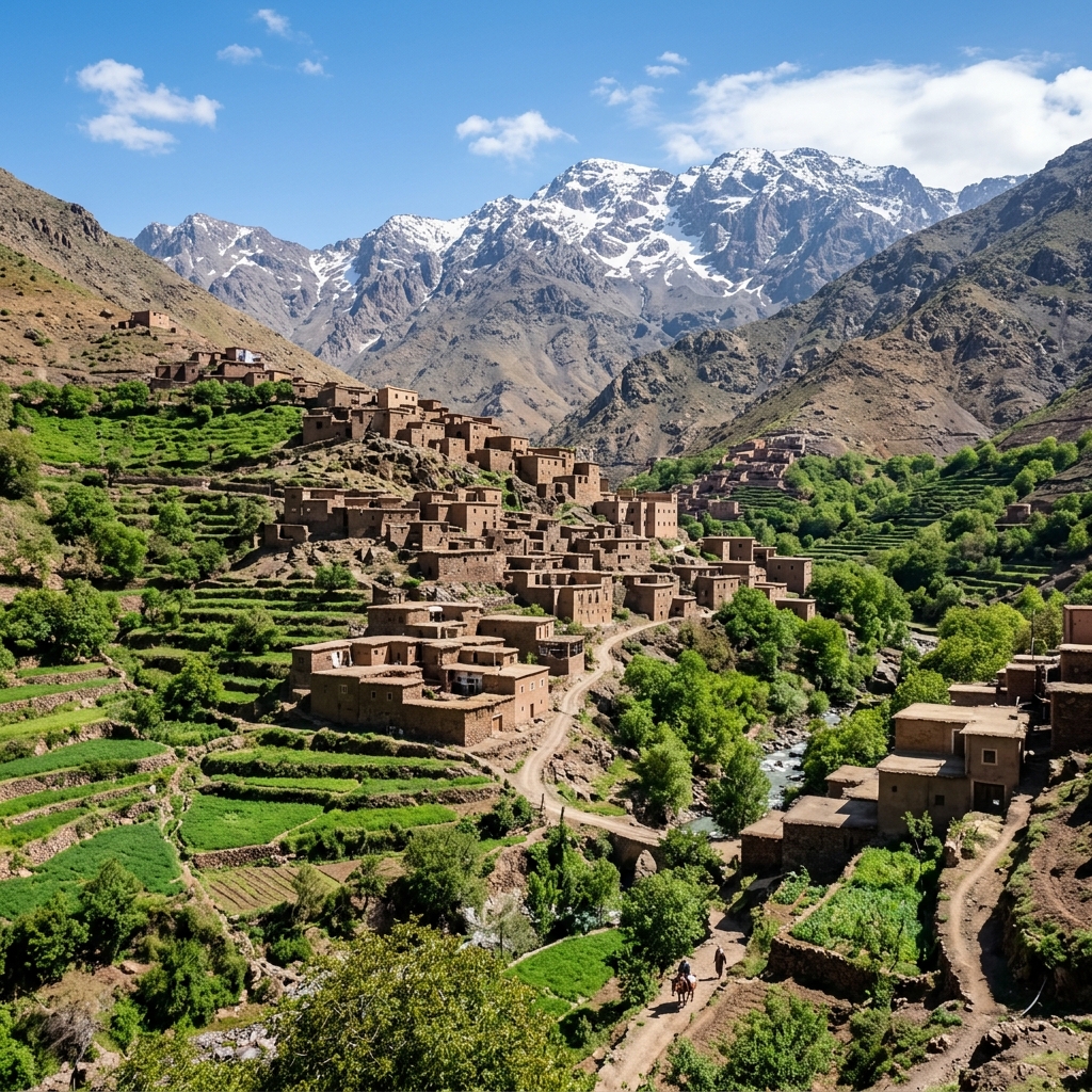 Imlil village terraced fields and Mount Toubkal peaks High Atlas Morocco