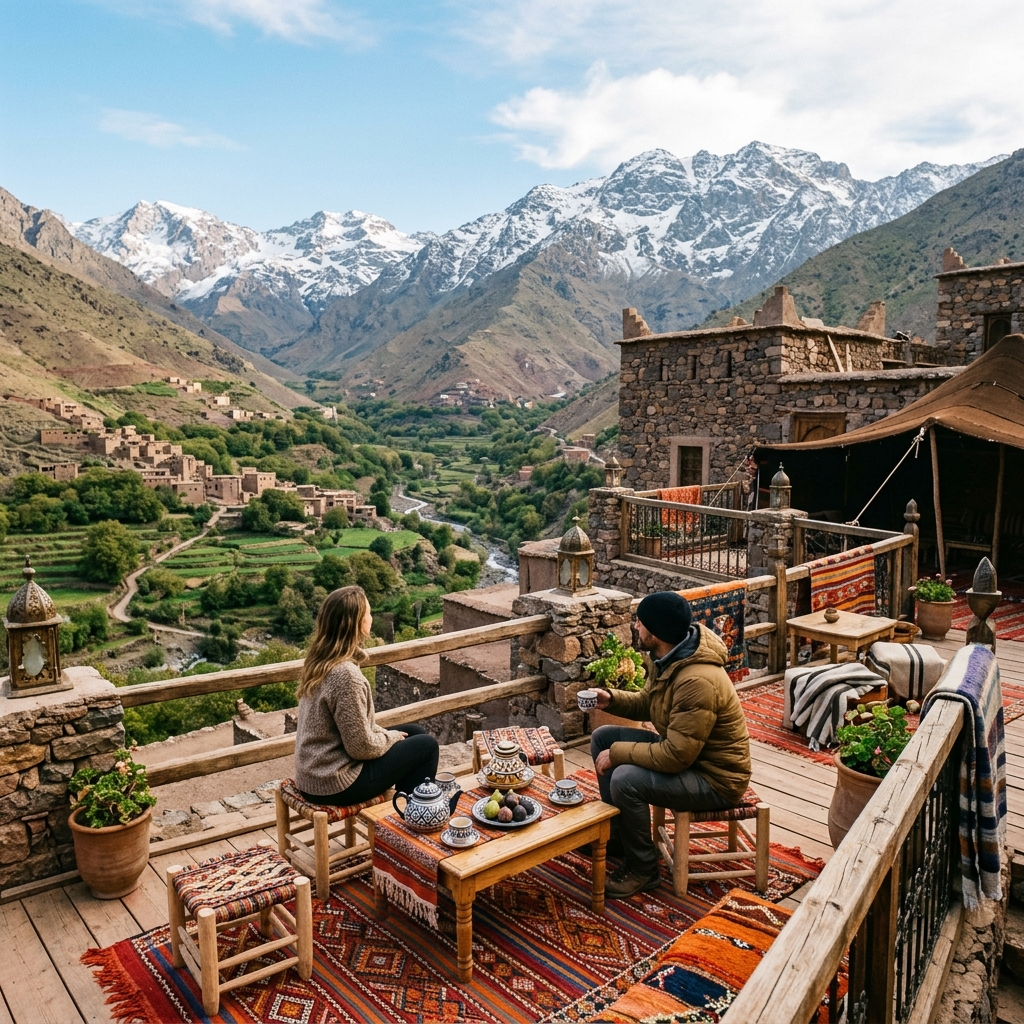 Rooftop terrace view of Kasbah du Toubkal overlooking Imlil valley