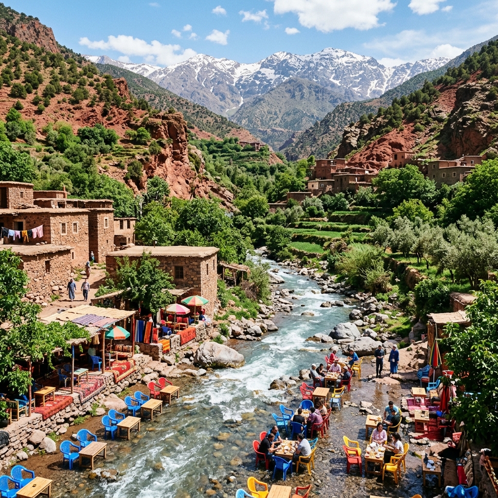 Ourika Valley river stream and High Atlas Mountains Morocco